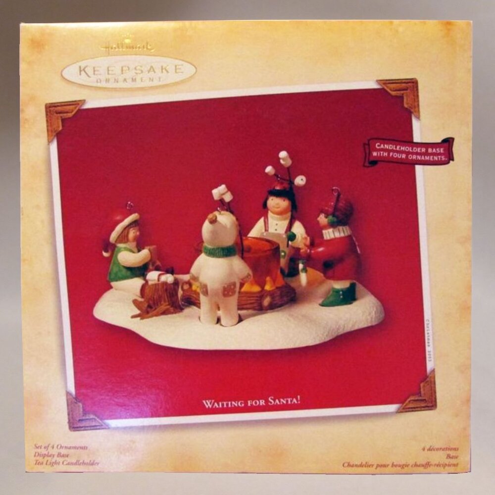 NEW 2003 HALLMARK KEEPSAKE ORNAMENT WAITING FOR SANTA TEA LIGHT CANDLEHOLDER SET